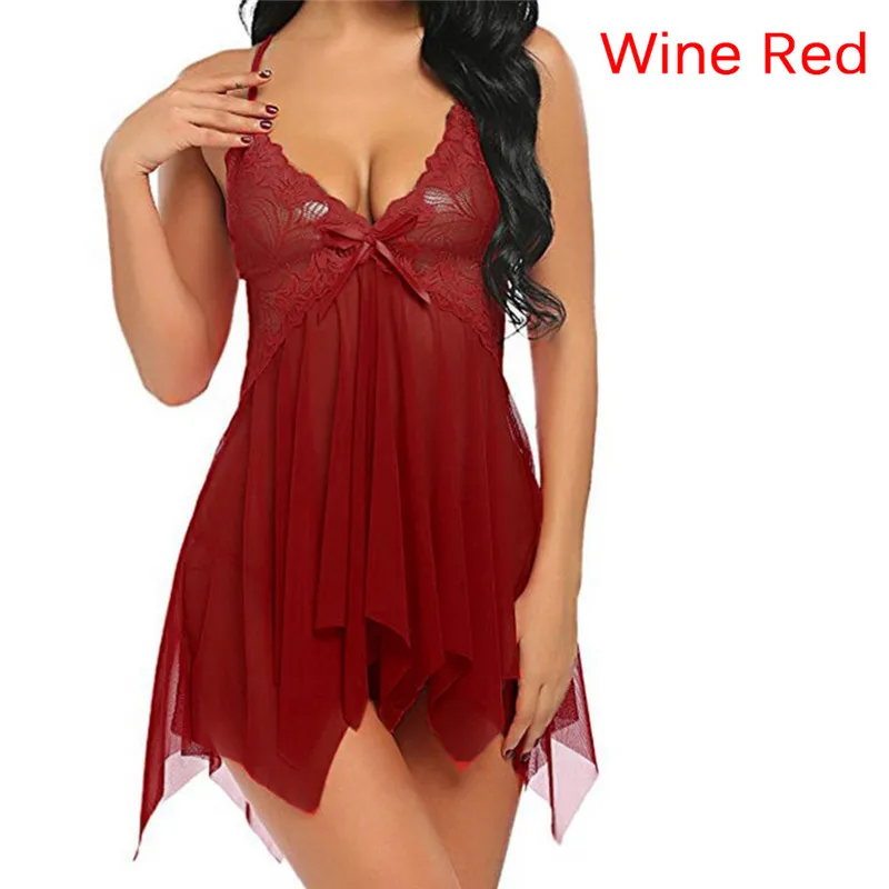 Кружевная ночная рубашка, женская пижама, летняя пеньюар, ночная сорочка, сексуальное женское белье, халат, женская ночная рубашка, домашняя одежда - Цвет: Wine red