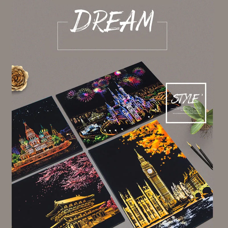 Полный набор бумага для скретч Арта игрушка Рисование красочный мир городской пейзаж DIY волшебные скретч карты с золотым скребком кисти фоторамка