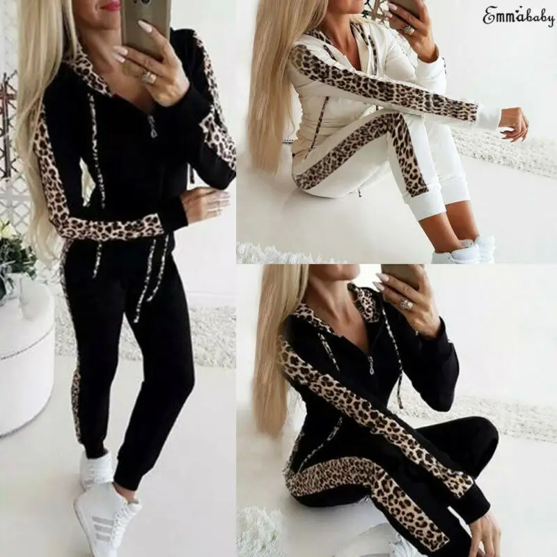 

2019 Women Set Sport Suit Tracksuit Outfit Long Sleeve Hoodies and Pants Zip Leopard Print Casual Sweatshirt 2pcs