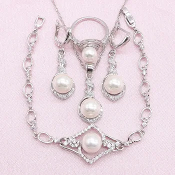 

Personalized White Pearl Silver Color Wedding Jewelry Sets For Women Zircon Stone Earring Necklace Ring Bracelet Christmas Gift