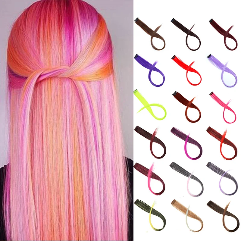 DIANQI Long straight synthetic colour Oberon hair extensions grey red pink clip in prominent rainbow hair synthetic hair strands long straight hair piece hair extensions clip in highlight rainbow color hair streak blue pink yellow