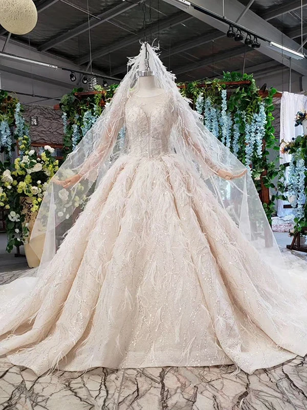 as picture HTL805 бальное платье свадебное платье для женщин с длинным рукавом o-образным вырезом вуаль, свадебные платья с перьями вуаль vestido novia manga larga - Цвет: as picture