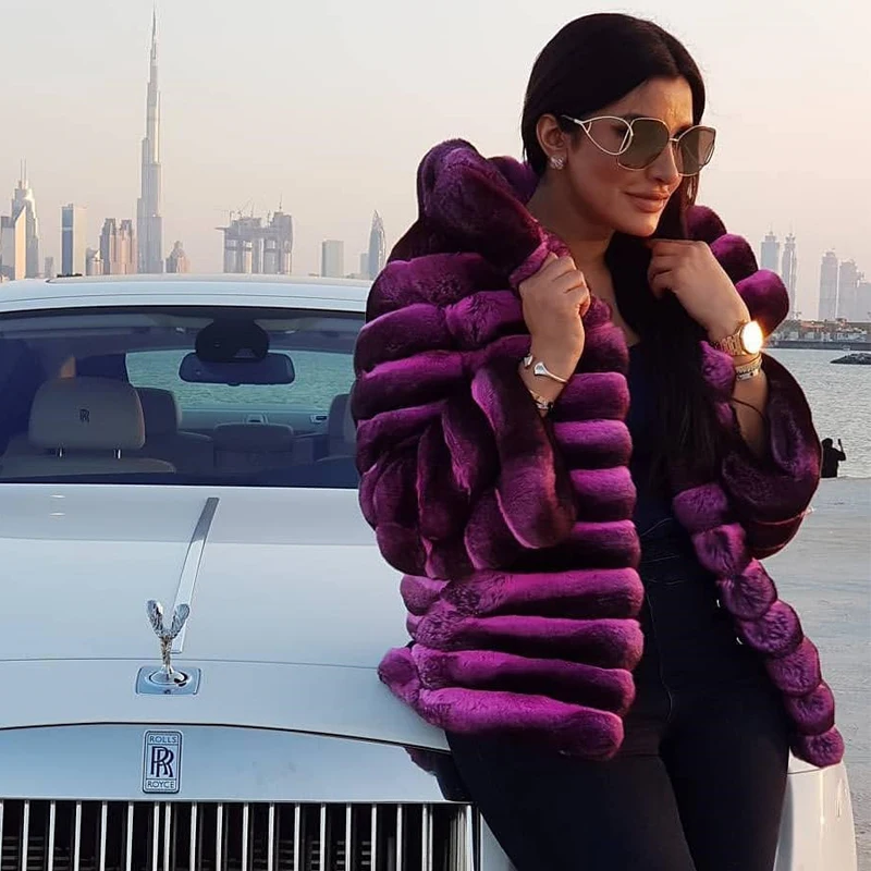 110cm Long Real Rex Rabbit Fur Coat With Big Turn-down Collar Thick Warm Fur Overcoat Chinchilla Collar Full Pelt Fur Coat Women