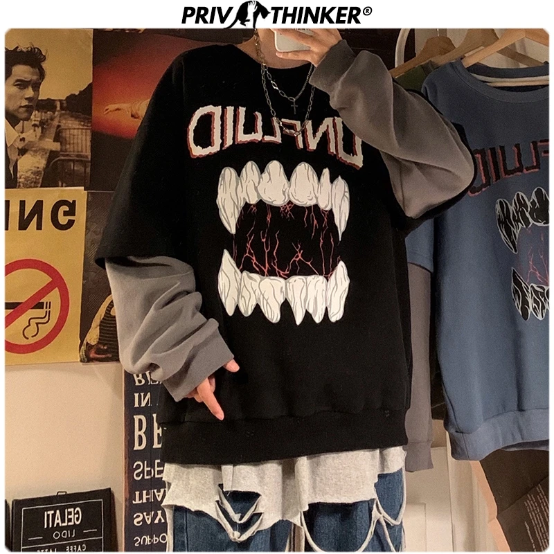 

Privathinker Autumn Streetwear Men Sweatshirts Exaggeration Printed Man's Hoodies Hip Hop Loose Fake Two PiecesTops Pullovers