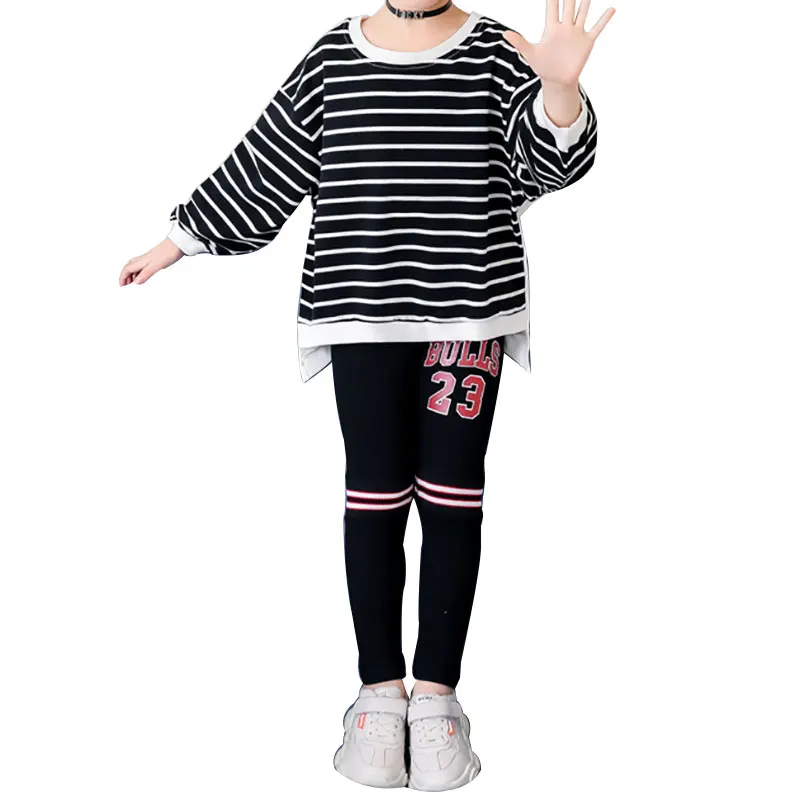 

Kid Girl Clothes Long Sleeve Striped Pattern Irregular Design Blouse Pants Trousers Outfits Set