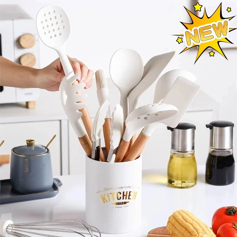 Cookware Silicone Kitchenware Wooden Handle Non-Stick Spatula Cooking Tool Ladle Egg Beaters Shovel Kitchen Accessories | Дом и сад