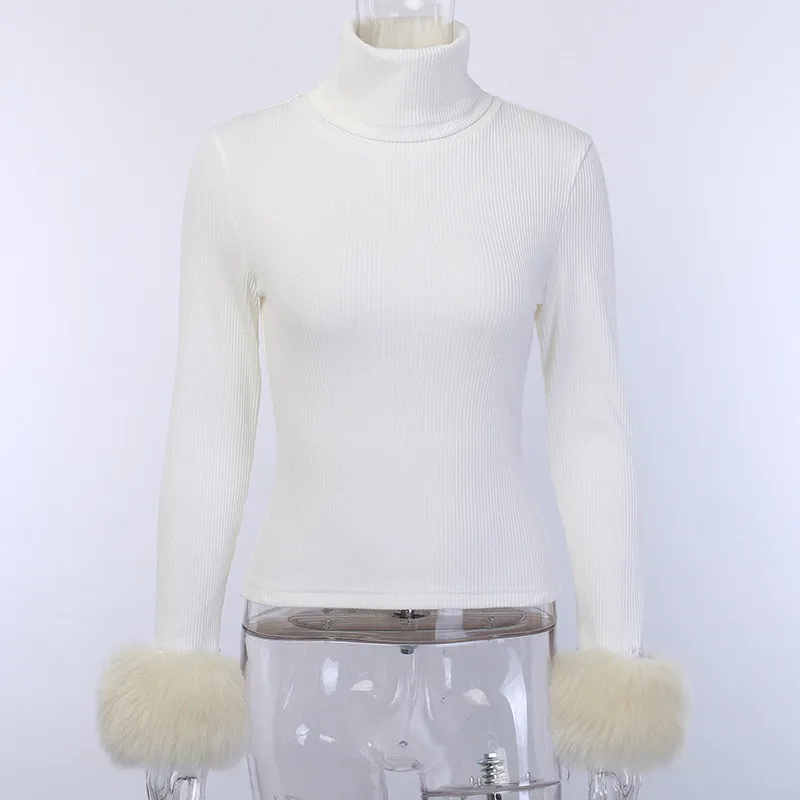 Beige Hugcitar с длинным рукавом лонгслив с мехом с высоким воротом футболки Осень Зима Женское тянущийся Тощий уличная одежда топы волчки - Цвет: Beige