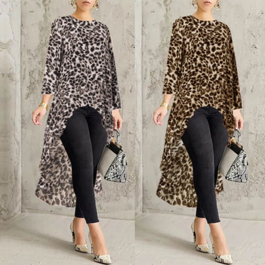 Асимметричная женская блузка с леопардовым принтом, Асимметричная рубашка с длинным рукавом, топы с высоким низом, винтажные рубашки, женская блуза@ 40