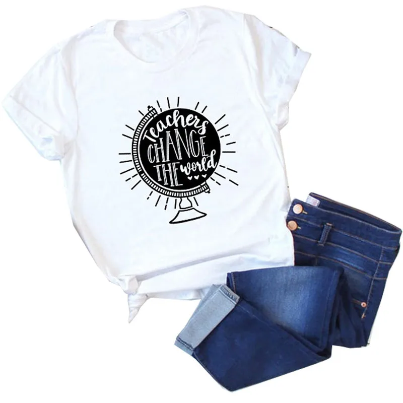 Женская футболка с принтом «учители изменить мир», Забавные футболки с изображением глобуса, повседневные летние топы с коротким рукавом и круглым вырезом, женские футболки - Цвет: Белый