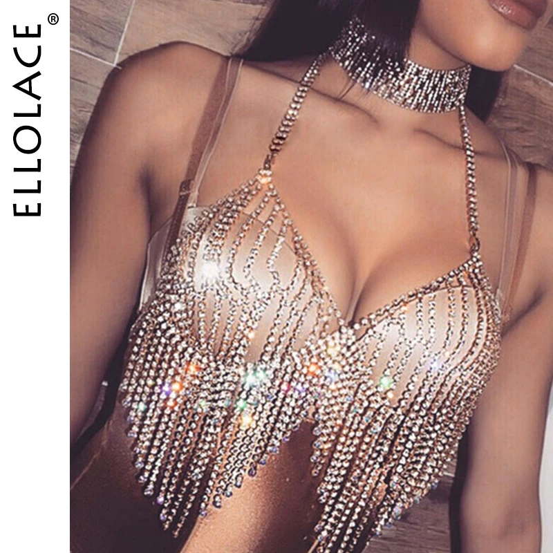 

Ellolace Luxury Crytal Lingerie Bra See Through Body Chain Harness for Women Sexy Chain Bling Rhinestone Sexy Bra Gift Jewelry