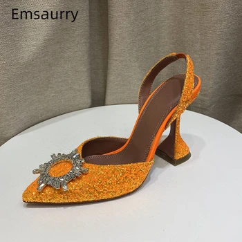 

New Design Sequined Cloth Banquet Shoes Woman Unique Goblet Heel Pointed Toe Back Strap Crystal Sunflower Buckle Sandals Women