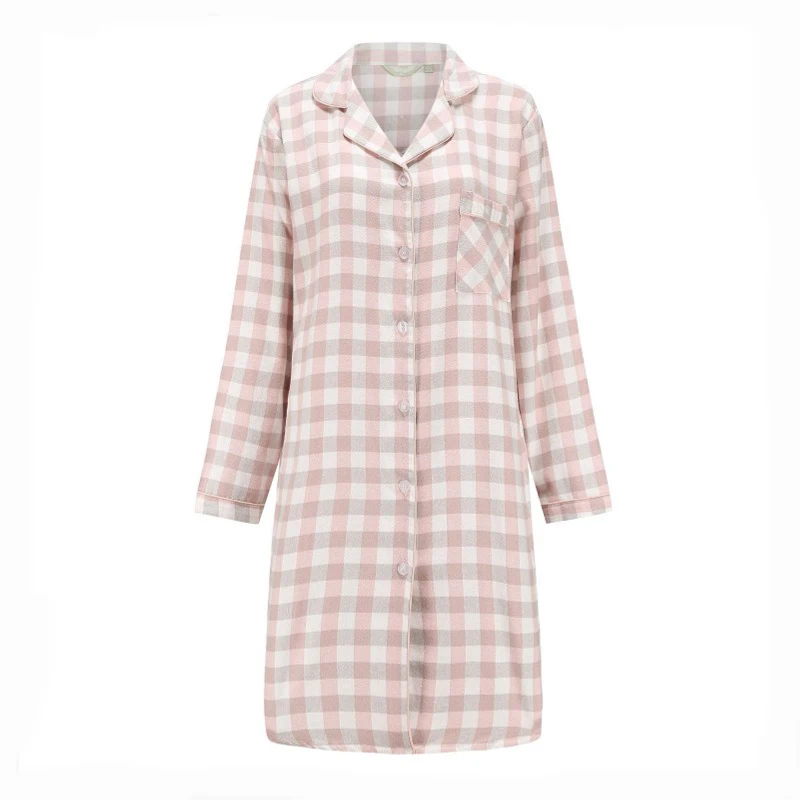 Khaki plaid Клетчатая замшевая Хлопковая женская домашняя одежда на пуговицах с длинным рукавом и отложным воротником, женская ночная рубашка с закругленным подолом, летний модный Халат - Цвет: Khaki plaid