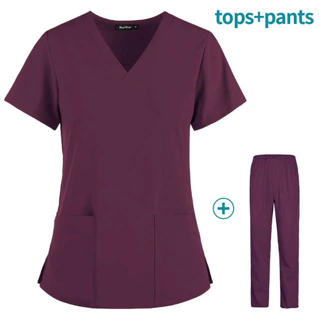 Hot Sales Nurse Uniform Women Short Sleeve Neck Tops Working Uniform Blouse Scrubs Workwear Nursing Women Scrubs Pants Elastic Burgundy