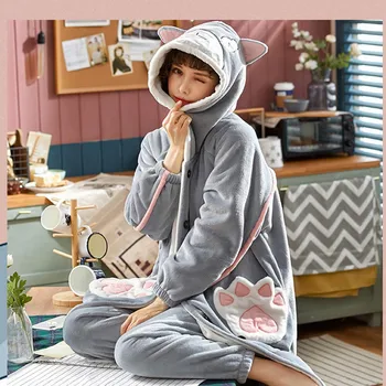 

2 Pieces Pajamas For Women Hooded Warm Thicken Pajamas Set Femme Sleepwear Flannel Large Size Pijamas Long Sleeve Home Clothes