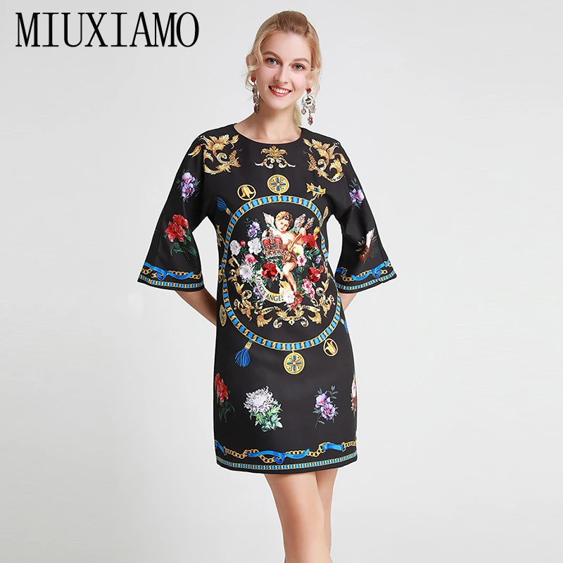 MIUXIMAO высокое качество осеннее платье новейшая мода для женщин цветочный принт бриллианты длиной до колена Повседневное платье для женщин vestidos