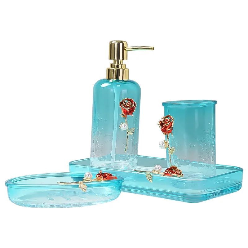 

Bathroom Accessories Set Glass Carved Liquid Soap Dispenser Dish Gargle Cup With Tray Wedding Gift Birthday Present 4 Pcs Kit