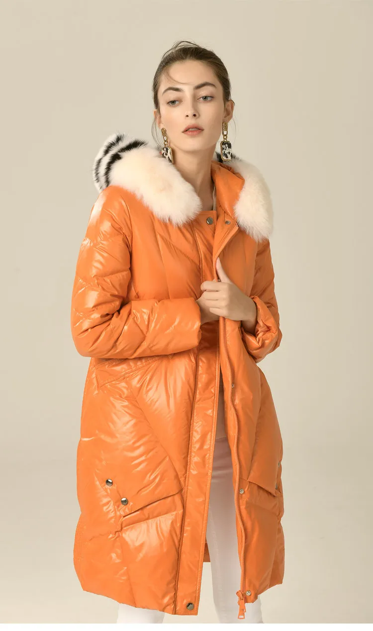 Теплые пушистые теплые пальто на гусином пуху, зимнее пальто с капюшоном из натурального Лисьего меха, женские длинные толстые пуховики, теплые парки F600