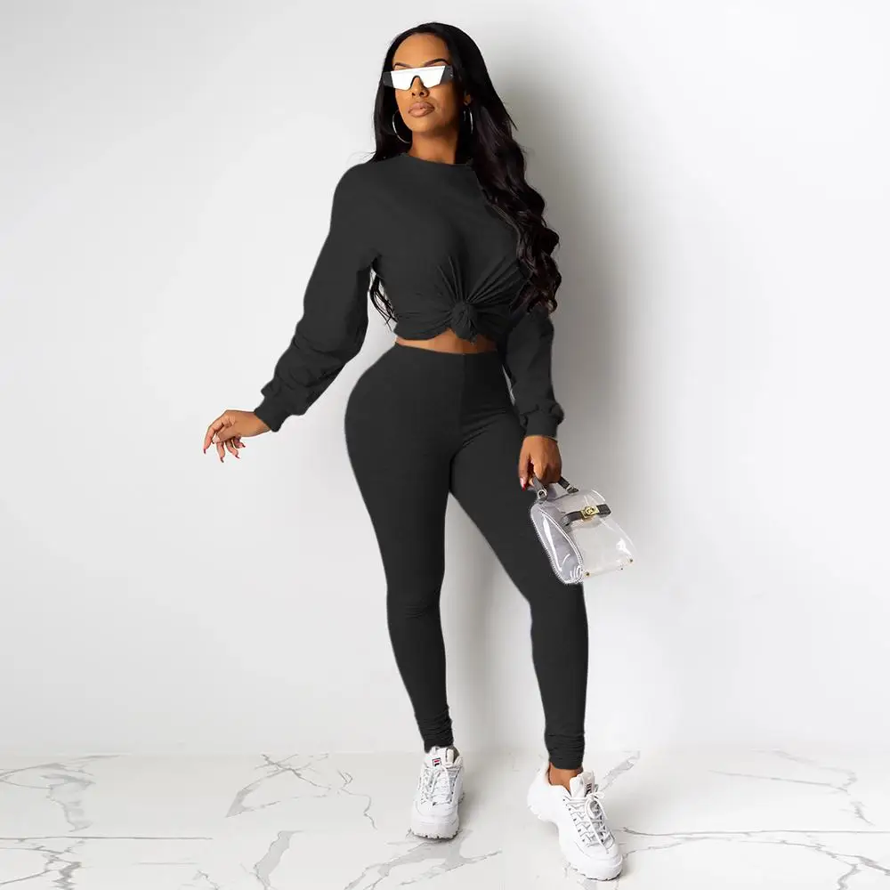 black Casual Women Two Pieces Jogging Femme Long Sleeve Sportwear Tracksuit Women O-neck Crop Top+ Long Pants Suit Autumn - Цвет: black