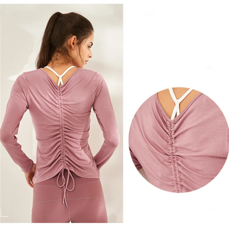 Drastring Back Yoga Top Ultra Soft Long Sleeve Workout Shirts Breathable Fitnss Gym Clothing Modal Sports Wear For Women Gym