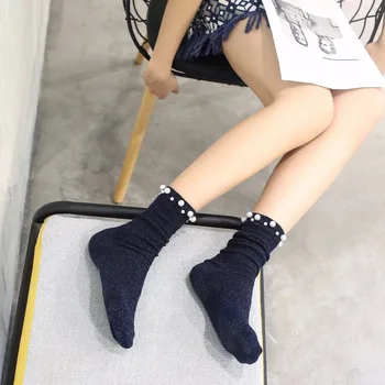 

cute Pearl socks women's tube sock Korean Japanese striped cotton autumn and winter Martin boots with sock bead pile pile socks