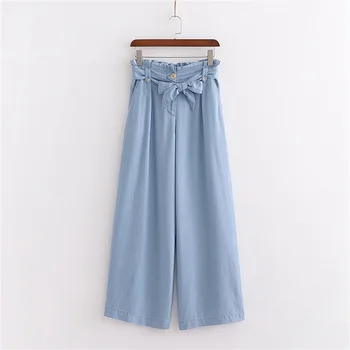 

2020 summer women's new retro high waist paper bag waist with bowknot belt sag wide leg pants casual denim trousers
