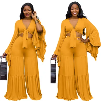 

Large Size Ruffle Long Sleeve 2 Piece Outfits for Women Sexy Lace-up V-neck Top with Floor Length Trouser Plus Size Set