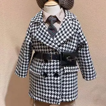 

Autumn Winter Girls Blends Baby Long Coat Kids plaid New Fashion Gunny Grid Waistbag overcoat