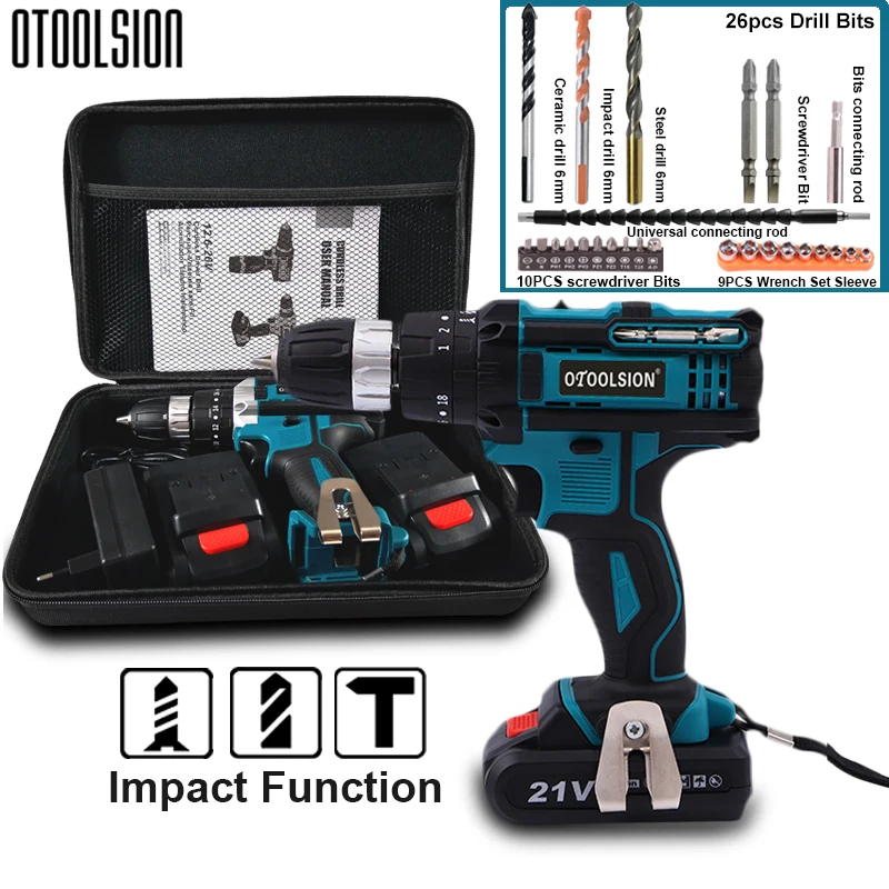 21V Impact Cordless Screwdriver 1600rpm High Speed Drills Rechargeable Battery Drill Household Drill Power Tools With Drill Bits (3)