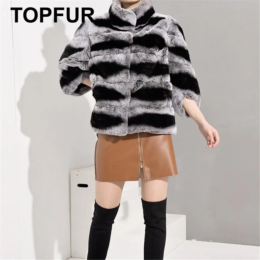 TOPFUR, новинка, настоящее меховое пальто, женская черная куртка, короткая, тип летучей мыши, зимнее пальто для женщин, мех Рекс, пальто с молнией, кожаная куртка