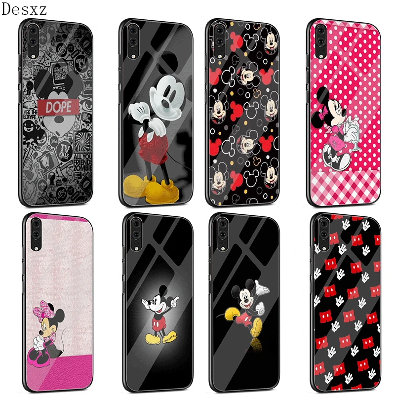 

Cell Phone Glass Case for Huawei P30 P20 P Smart P10 Y6 7A Y9 Honor 8X 9 10 Mate 20 Pro Lite x Mickey and Minnie Cute