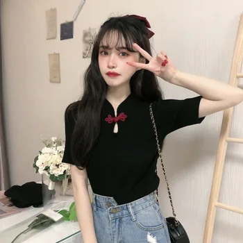 

Women T-Shirt Fashion Elegant Ladies Stand Collar Short Sleeve Cheongsam Style Knitted Button Slim T-Shirt