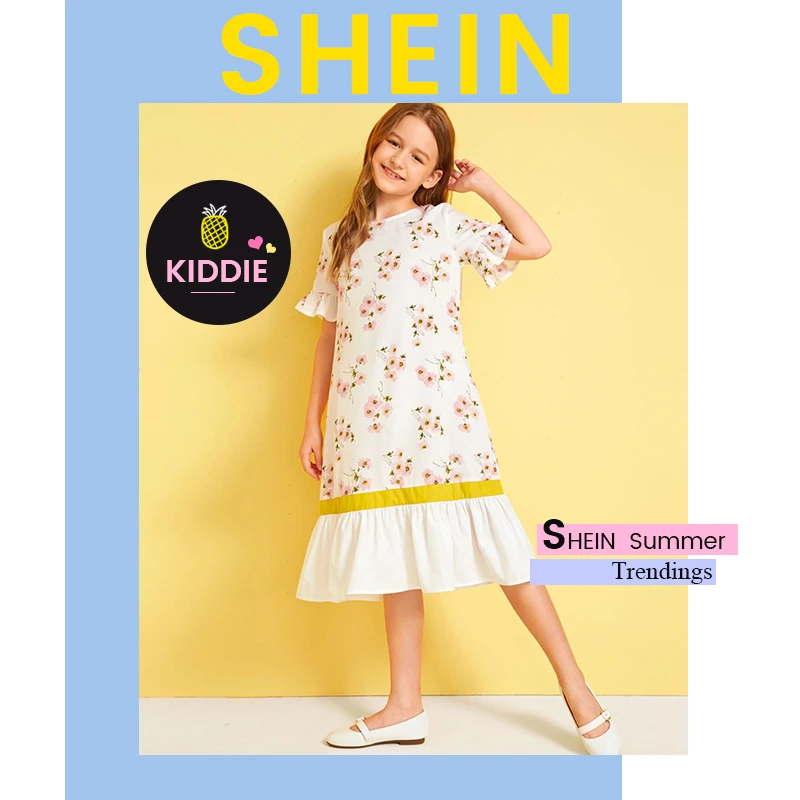 SHEIN Kiddie/милое белое платье с рюшами и цветочным принтом для девочек с цветным подолом г., летнее платье-туника с заниженной талией, рукав-Волан