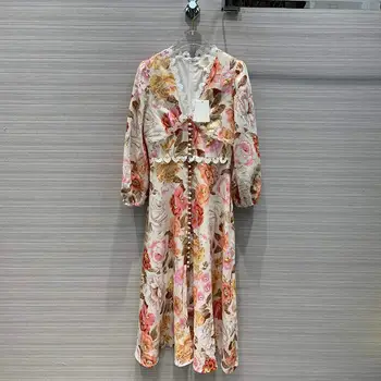

2020 new high-end bohemian holiday luxury runway brand sleeve lace flora print cotton linen dresses women long dress