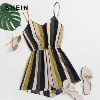 

SHEIN Multicolor Colorblock Striped Slip Romper Women Summer Playsuit Sleeveless Mid Waist Wide Leg Cami Casual Rompers