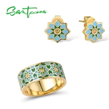 SANTUZZA набор украшений для женщин из чистого серебра 925 пробы, золотой цвет, восьмиугольные серьги-гвоздики, набор колец, вечерние ювелирные изделия ручной работы, эмаль