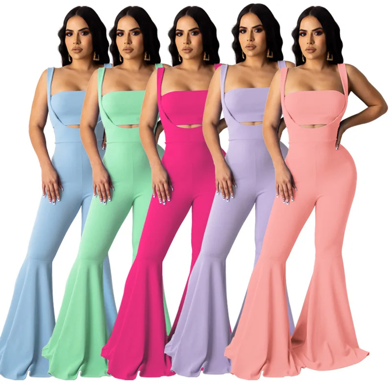 

Summer Women Casual Two Piece Set Tube Spaghetti Straps Flare Jumpsuit Strapless Crop Top Foot Cut Pants