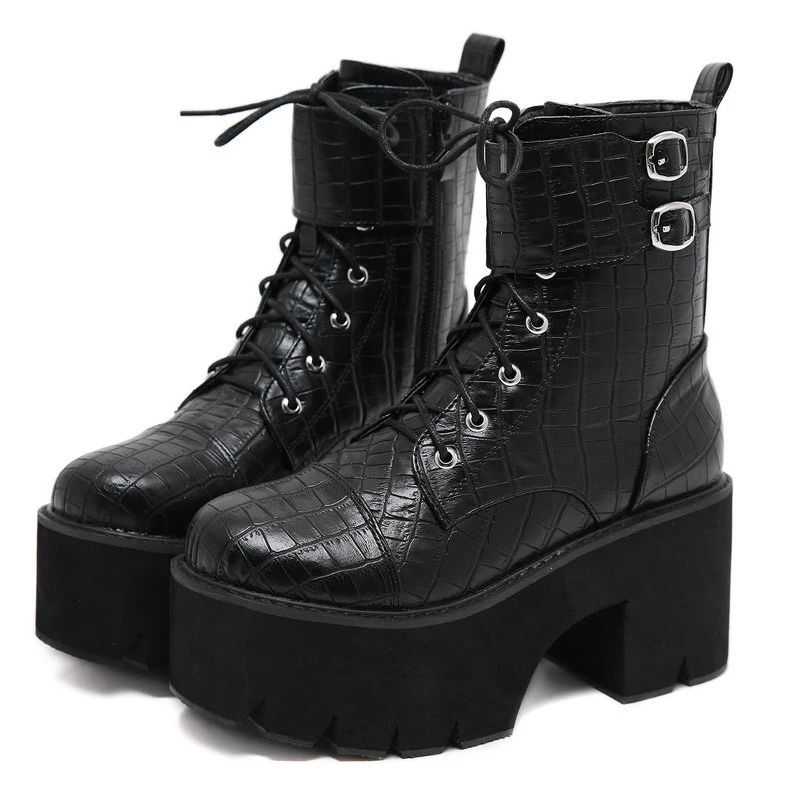 HTUUA/осенне-зимние ботинки на платформе женские ботильоны на не сужающемся книзу массивном каблуке мотоботы на шнуровке в готическом стиле в стиле панк с боковой молнией женская обувь, SX3318