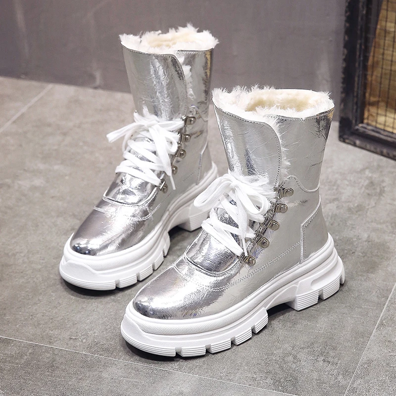 Rimocy/женские зимние ботинки на платформе; водонепроницаемые зимние армейские ботинки с плюшевой подкладкой; женская теплая обувь на шнуровке; Цвет серебристый, черный; botas mujer
