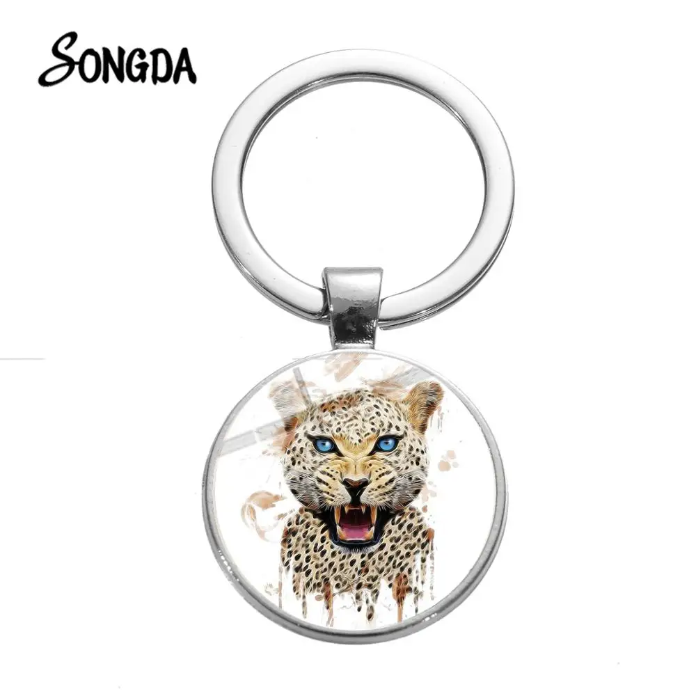 Cool Leopard Wild Animal Keychain Cat Wolf Eagle Deer Glass Round Pendant Punk Style Alloy Key Ring Charms for Men Women | Украшения и