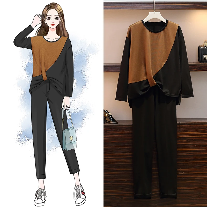 

Random 2019 Large Plus Size Winter Women 2 Piece Set Sportwear Long Sleeve Top And Pocket Pant sport suit two-piece outfit