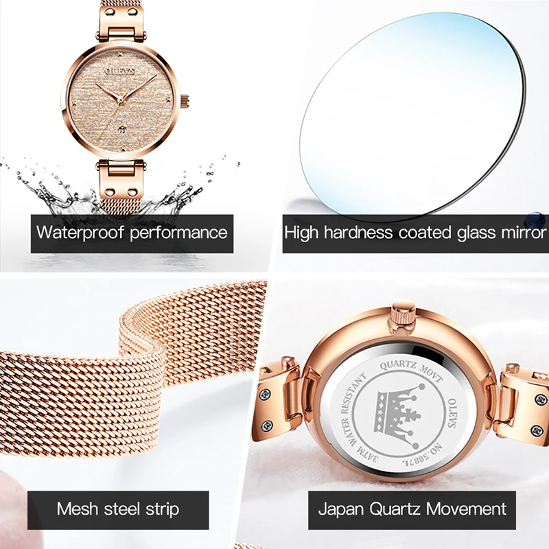 OLEVS Brand Women Watches Fashion Ladies Quartz Watch Stainless Steel Mesh Rose Gold Luxury Women Watches Relogio Feminino