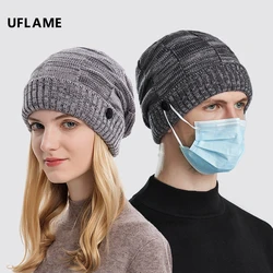 UFLAME Trendy Plaid Hedging Cap for Women Men Hang Mask Slouchy Hat Loose Knitted Cap Thick Winter Hat Melange Skullies Beanies