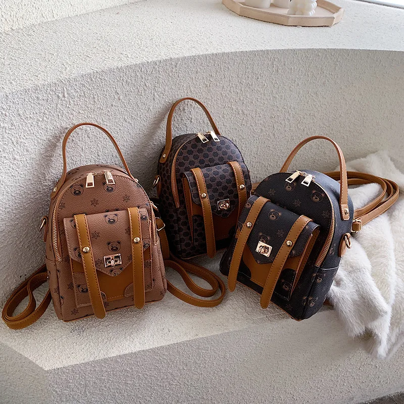

2019 Autumn & Winter New Style WOMEN'S Bag Hong Kong Style Backpack Bear Head Printed Pattern Lock Small Stereo Bag Hand
