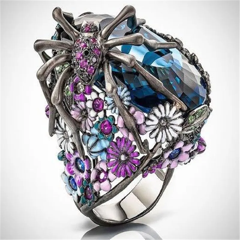 2019 роскошное большое кольцо-паук с синим цирконием Anel Flower черные кольца для
