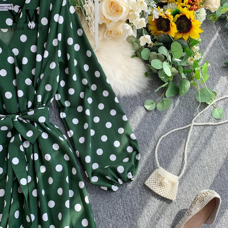 YuooMuoo Fall Korean Style Women Polka Dot Midi Dress Ins Hot Sashes Vintage Elegant Long Sleeve Green Dress Ladies Dresses