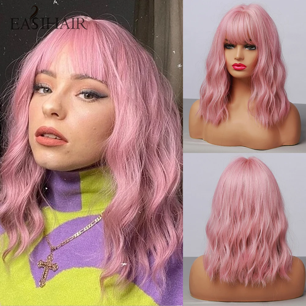 Pink Bob Wigs Hair-Wig Bangs Natural Medium-Length Women Cute Cosplay for Synthetic 