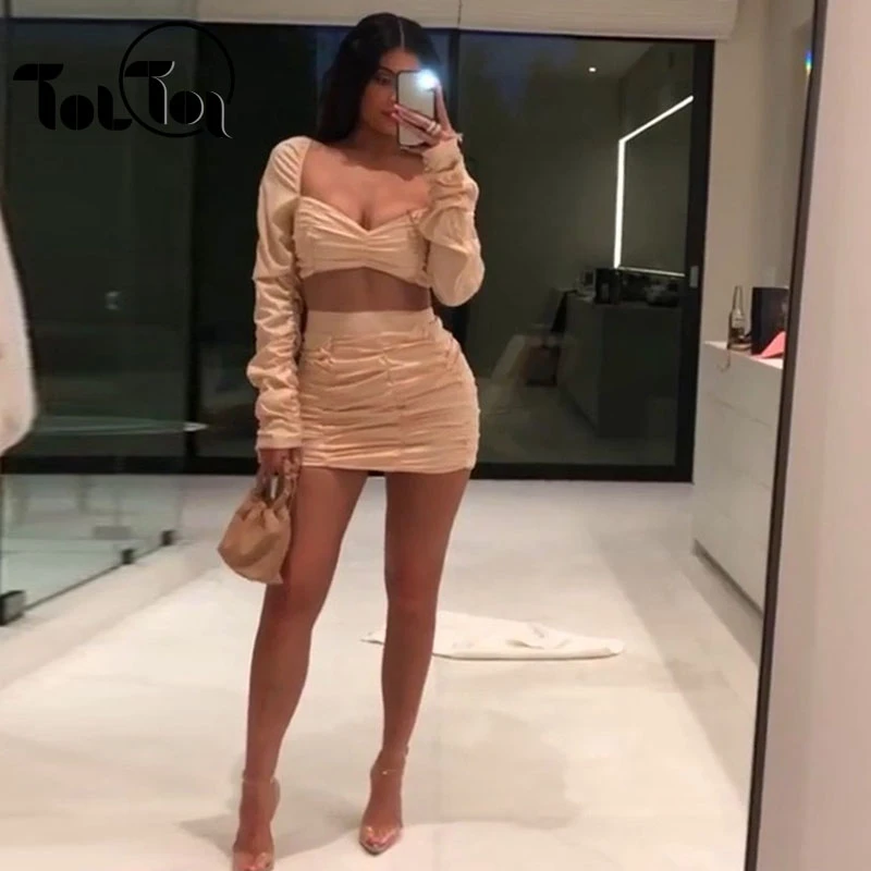 

Double Layers Two Piece Dresses Set Autumn Sexy Party Club 2 Piece Outfits Women Mini Dresses V Neck Solid Dress