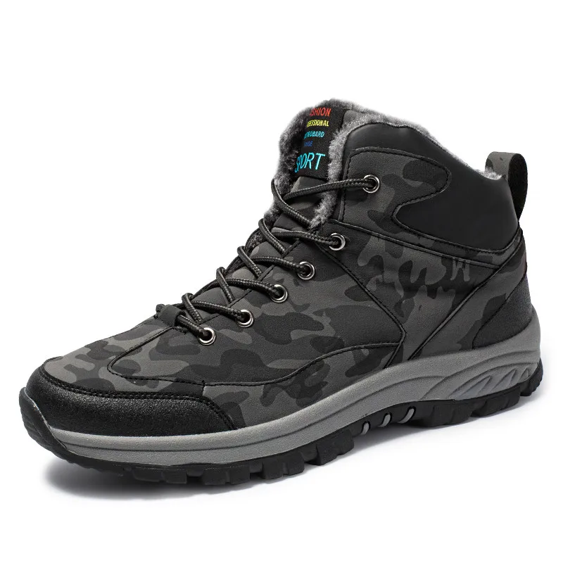 Camouflage gray Брендовые кожаные водонепроницаемые мужские ботинки до лодыжки, зимние меховые ботинки, плюшевые теплые мужские повседневные ботинки, кроссовки, уличные ботинки - Цвет: Camouflage gray