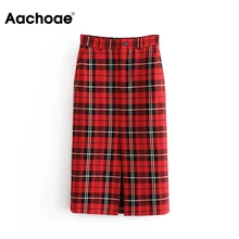 Женская модная клетчатая юбка до колена, с карманами, с разрезом, с одной стороны, элегантные миди-юбки, для девушек, с высокой талией, прямая, в винтажном стиле, Jupe Femme