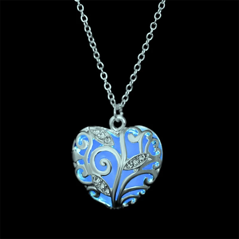 В форме сердца полый кулон светящийся в темноте ожерелье для женщин Хрустальное светящееся ожерелье ювелирные изделия рождественские подарки оптом - Окраска металла: Blue Color